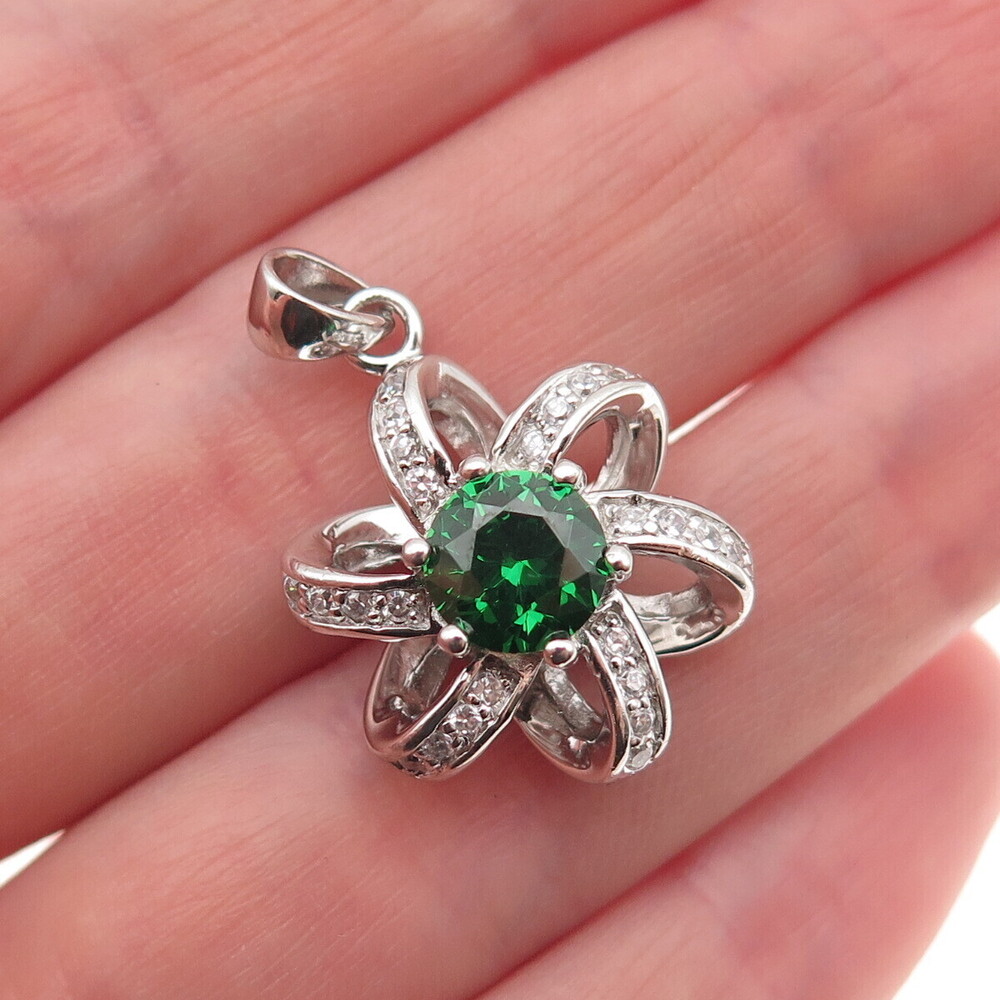 925 Sterling Silver Round-Cut Green & White C Z Floral Charm Pendant